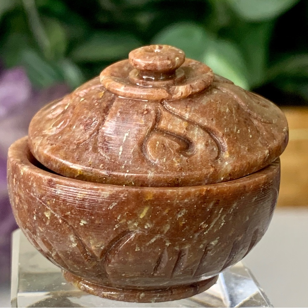 Brown Soapstone Hand Carved Lidded Trinket Box Miniature Round Dome Lid 1.6" VTG - Picture 2 of 16